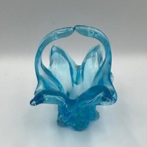 Vintage Ice Blue Blown Stretched‎ Art Glass Basket
